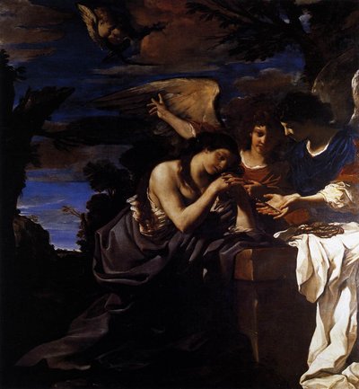 Magdalena en twee engelen door Giovanni Francesco Barbieri